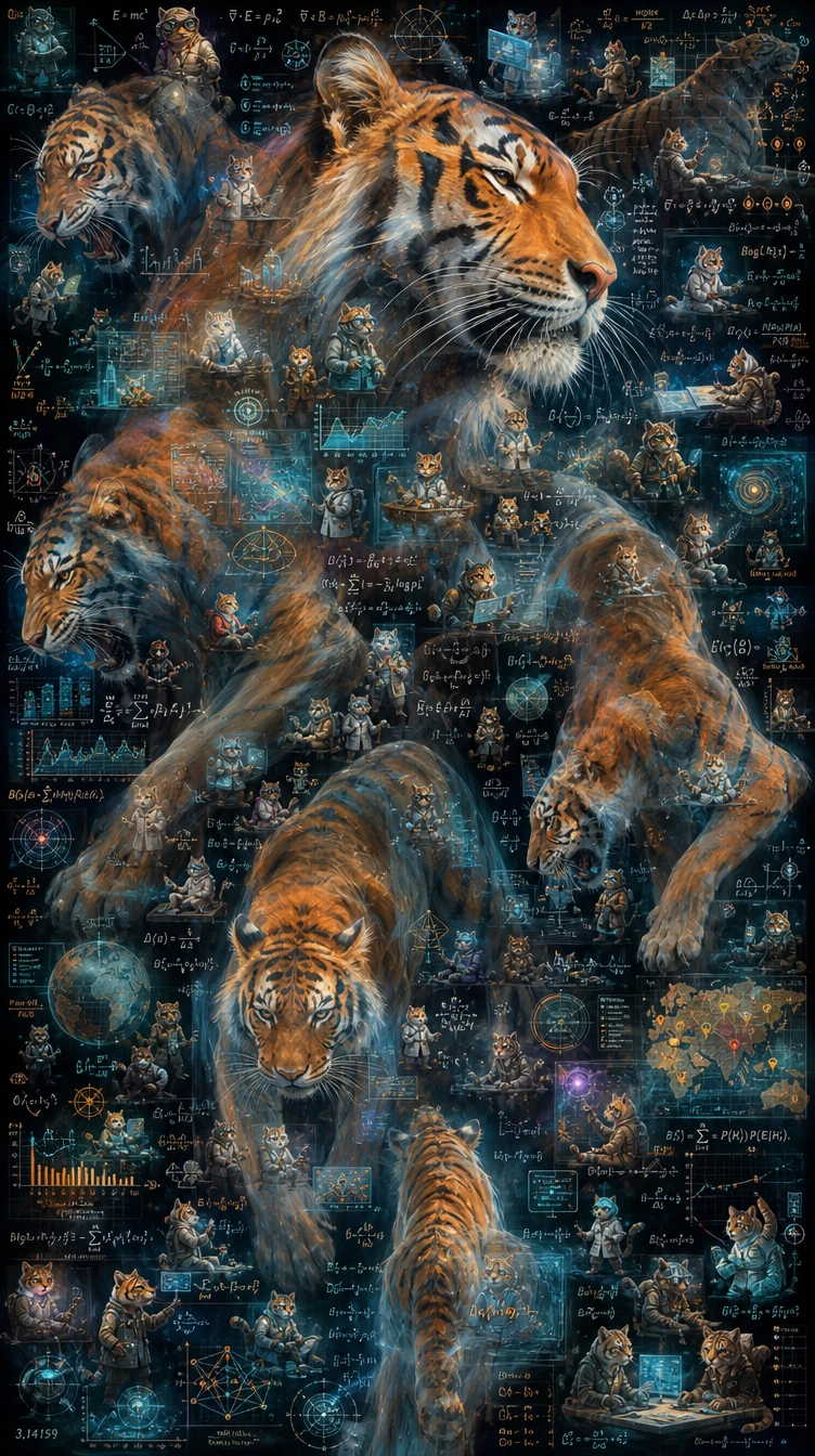 Formas abstratas de tigre em camadas com minúsculas mentes felinas cibernéticas