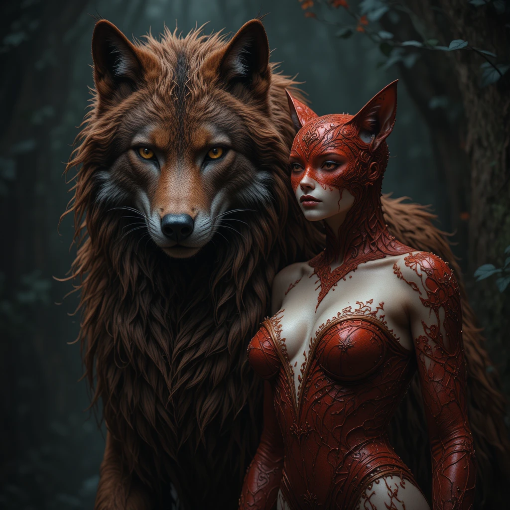 Anthropomorpher Wolf und Katze stehen Seite an Seite