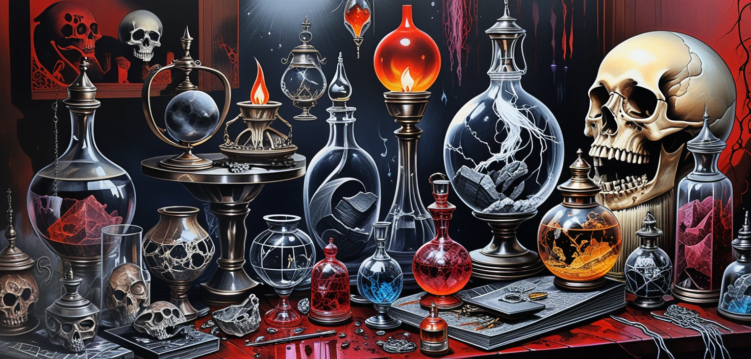 Cristaux fantasy sur table et présentoir d’apothicaire magique