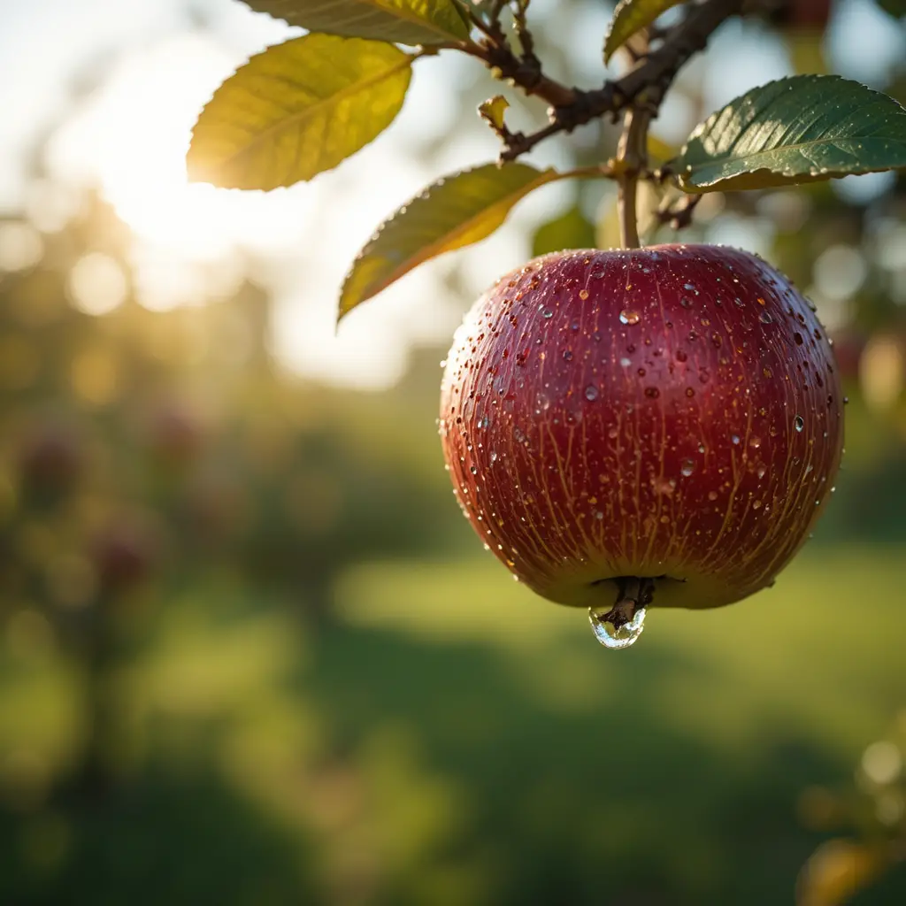 Single apple hanging on a sunlit tree with dewdrop