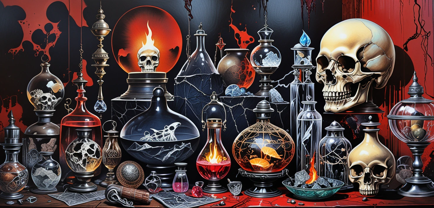 Cristalli fantasy da tavolo e curiosità magiche in una bottega di speziale