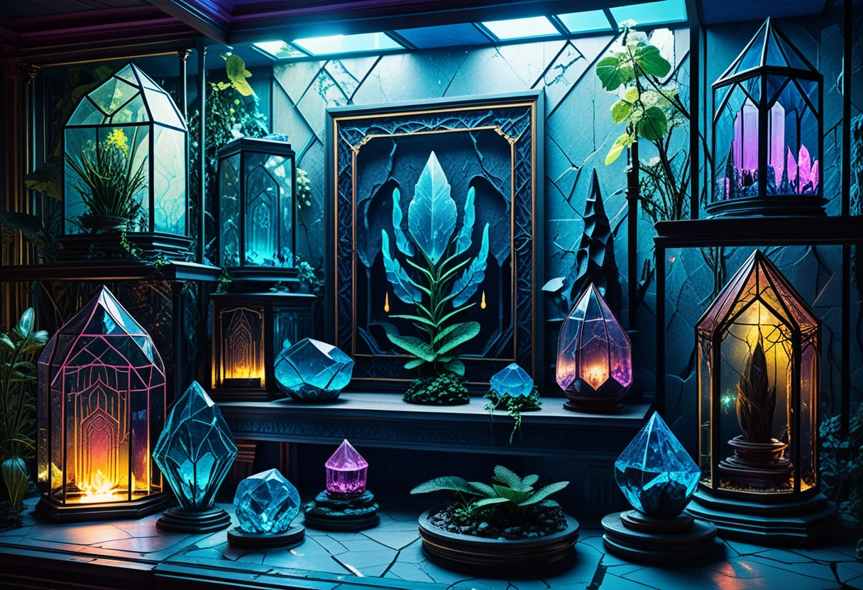 Relique de cristal en line art néon rose et bleu