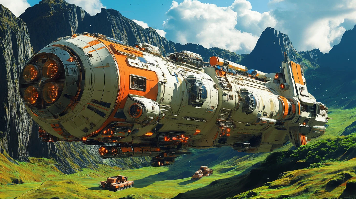 Nave cargueira gigantesca pousada em um vale alienígena exuberante