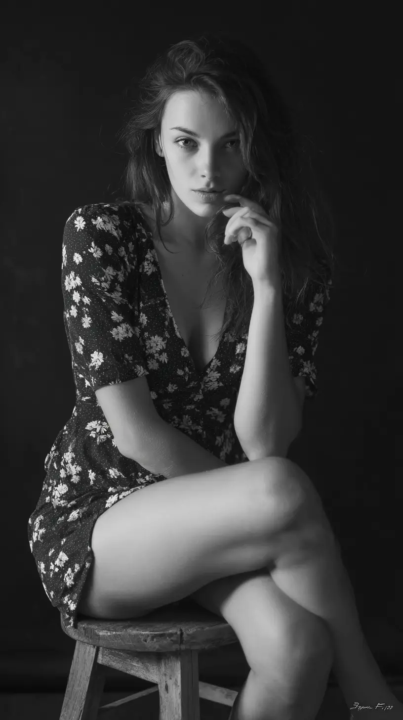 年輕女性的黑白攝影棚人像