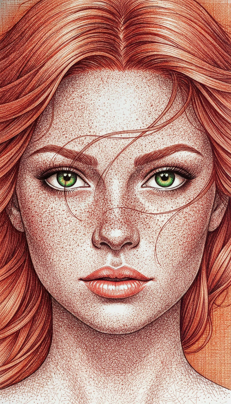 Retrato em tinta de mulher sardenta com cabelo ruivo ao vento