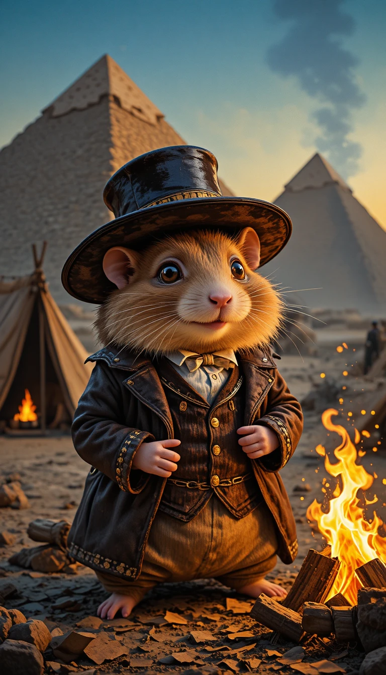 Hamster Grand Chasseur dans un Camp du Désert Victorien au Coucher du Soleil