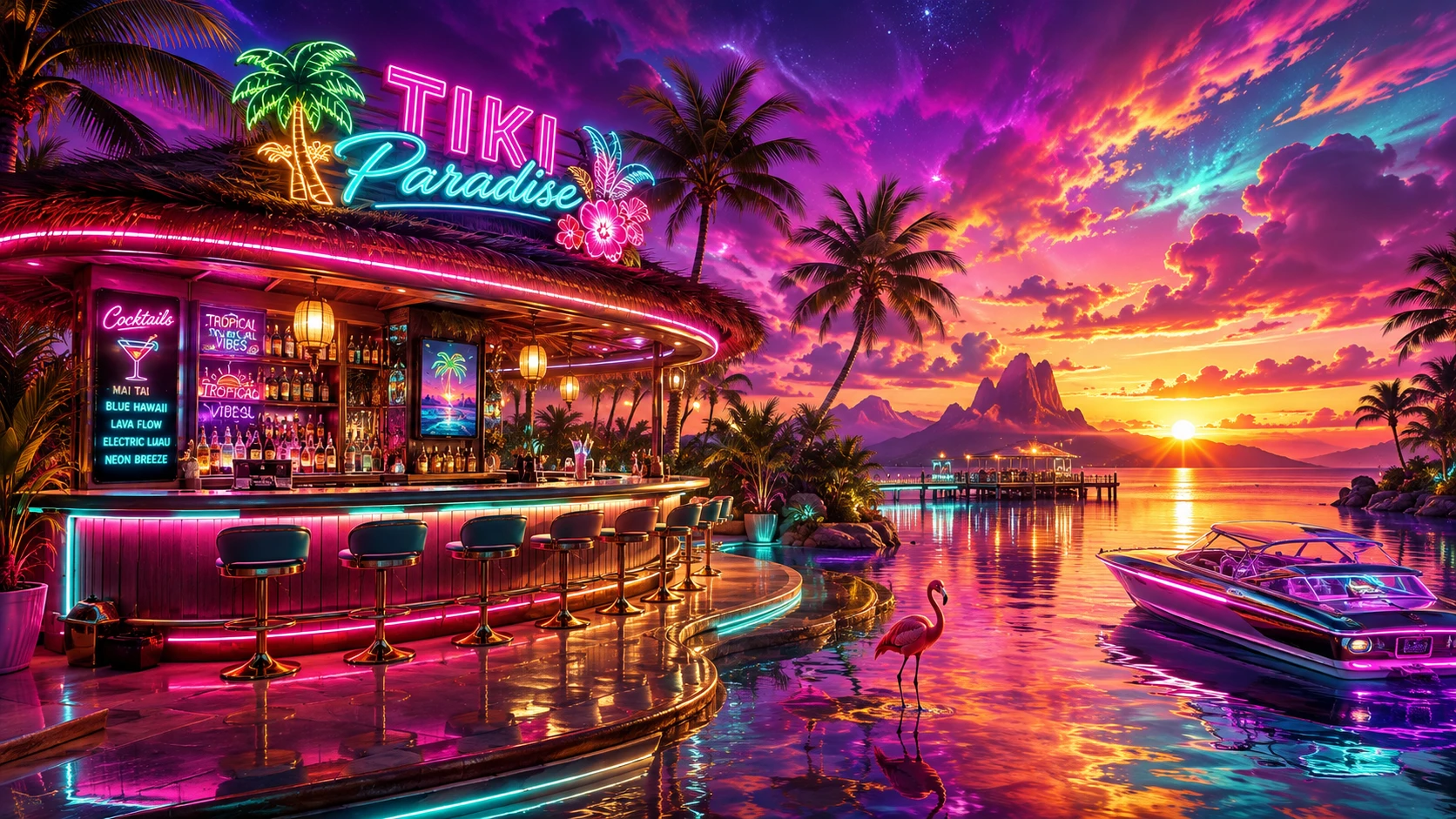 Bar tiki surreal em neon em uma orla tropical brilhante