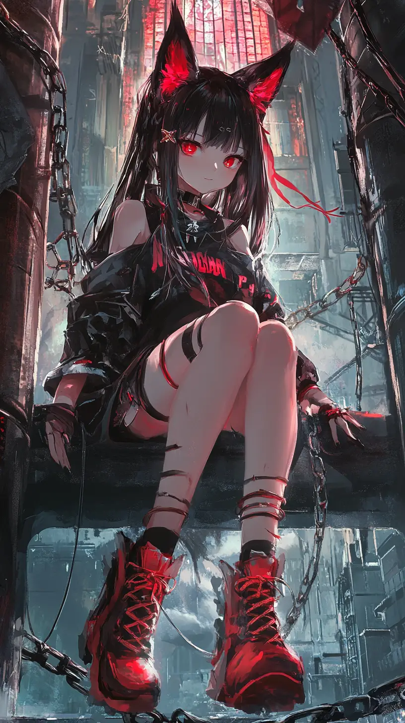 鎖と赤いポンチョをまといレンガの壁に座るアニメ少女