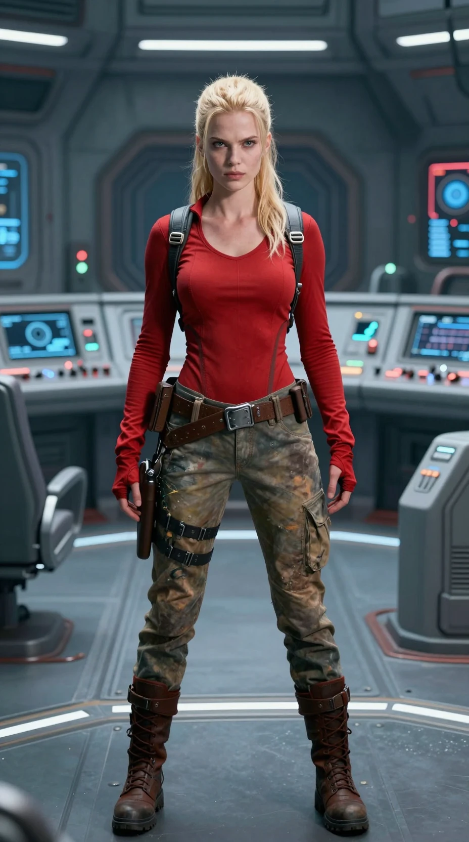 Guerreira loira futurista de vermelho em pé em sala de controle iluminada