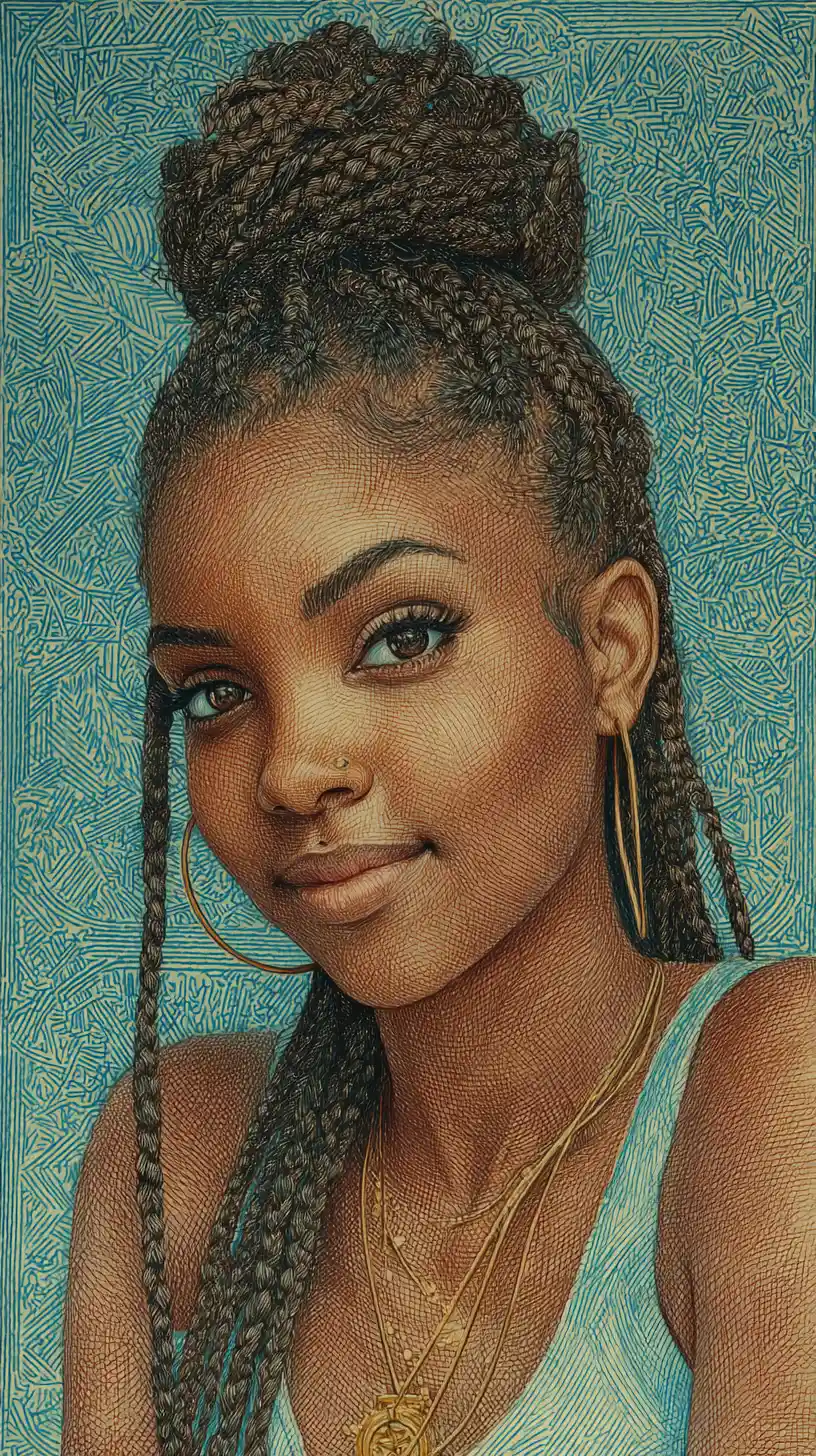 Braided black girl portrait in blue top on blue background