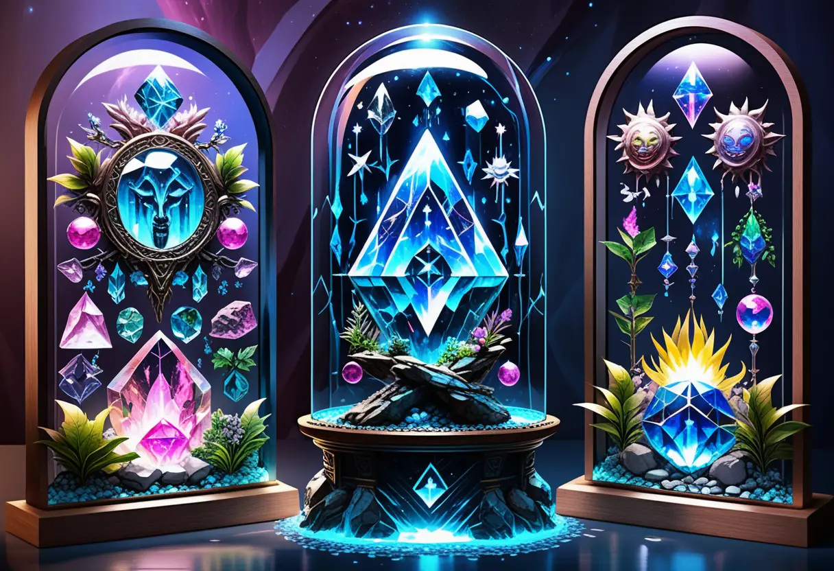 Neon crystal relics displayed in ornate glass with water