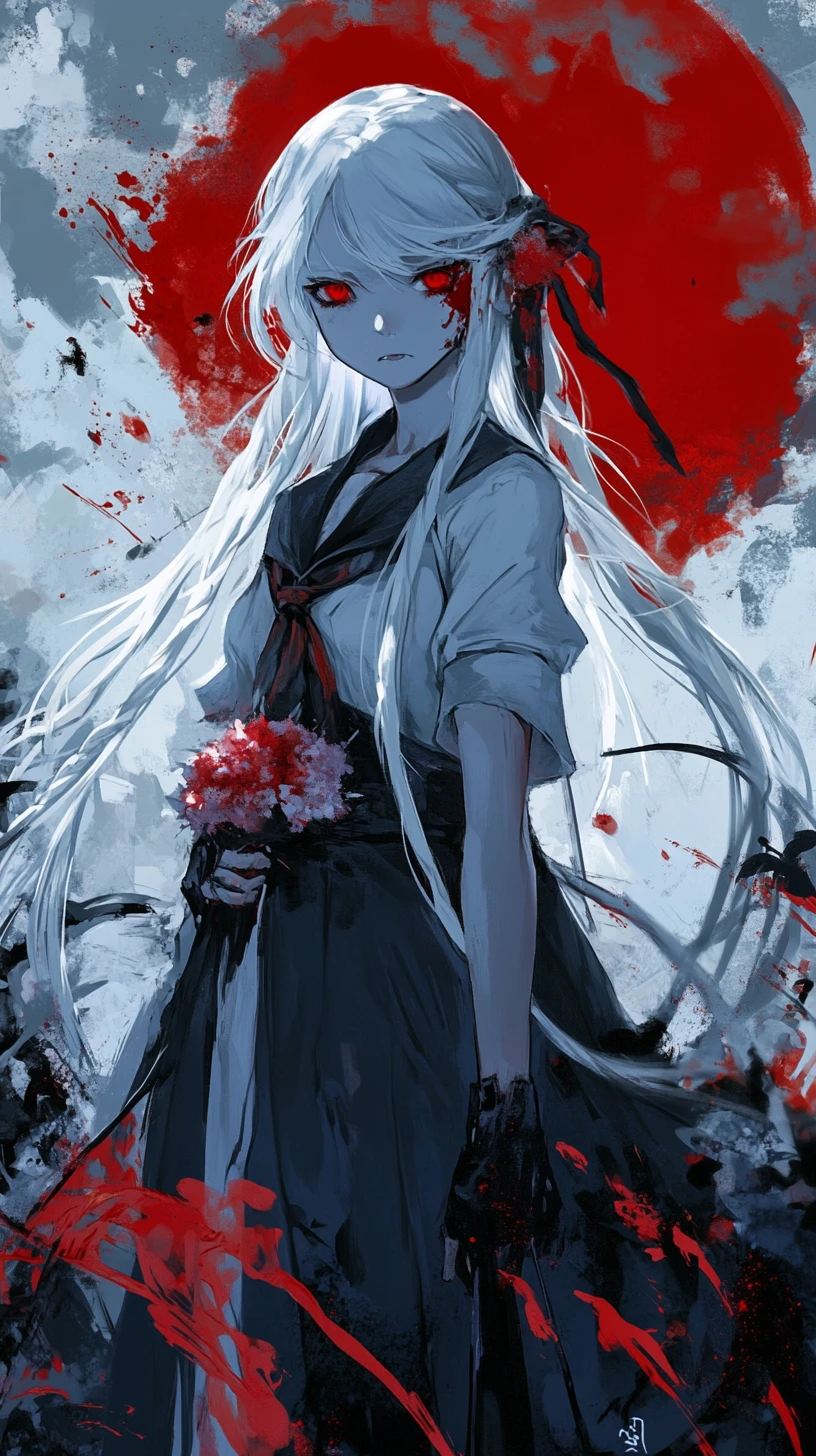 Anime girl in greasy clothes with braids and dark skirt