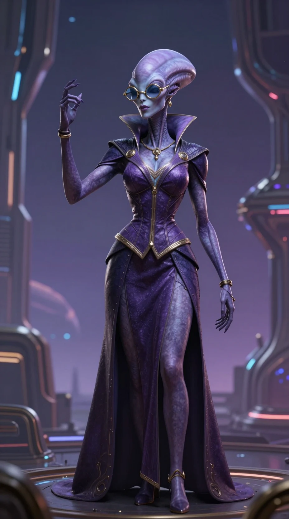 Diplomata alienígena de pele violeta em elegante moda futurista