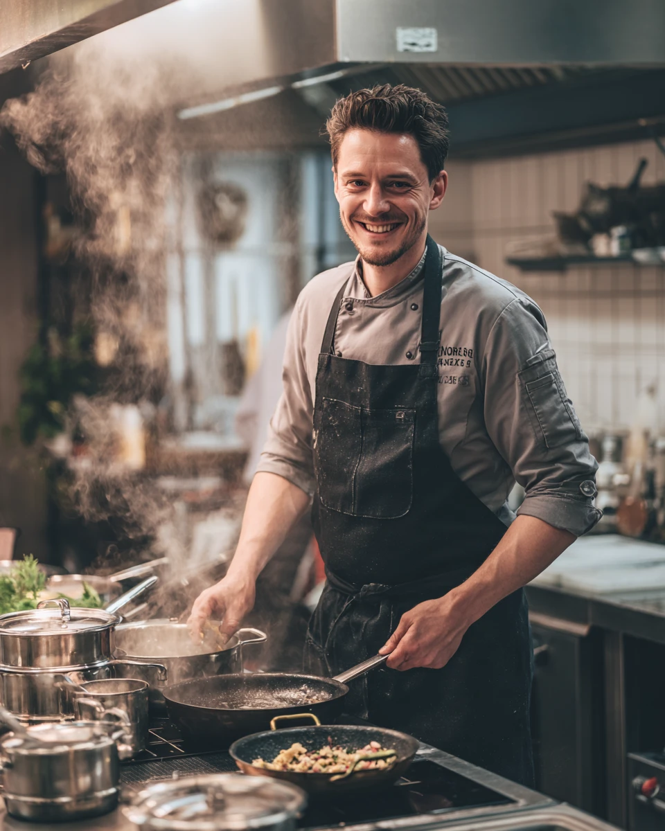 Dois chefs discutindo receitas em um fogão movimentado