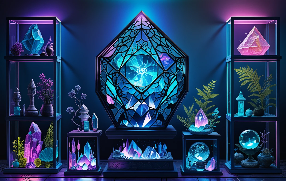 Vitrine de relique en cristal avec dessin au trait néon rose et bleu