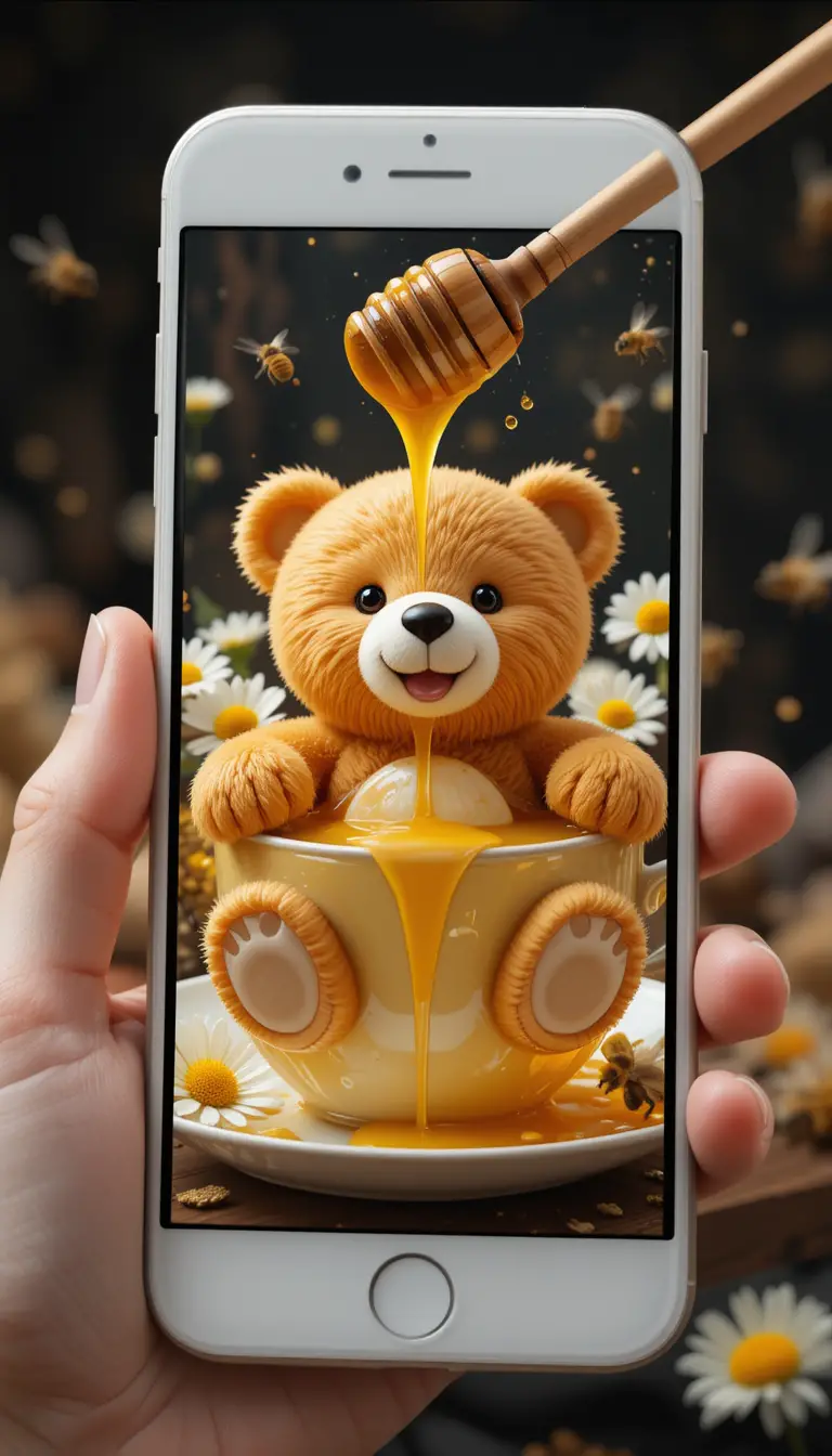 スマホから飛び出すハチミツティーカップのかわいいテディベア