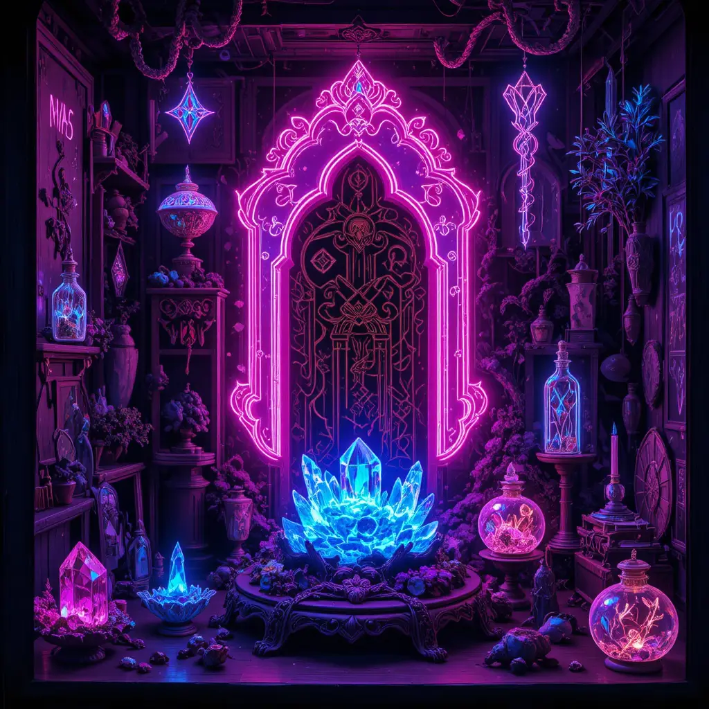 Mystical crystal relic displayed in neon line art style