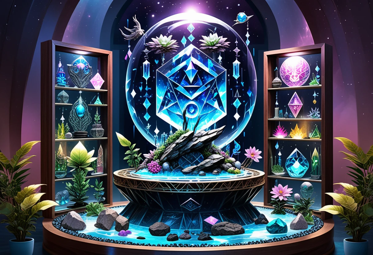 Vitrine de relique en cristal néon avec symboles célestes occultes