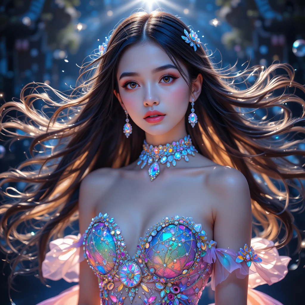 Garota de cabelo arco-íris brilhante em um vestido celestial de cristal