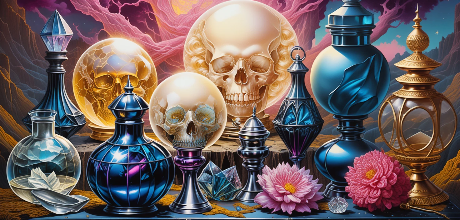 Tavolo da speziale fantasy con cristalli e curiosità magiche