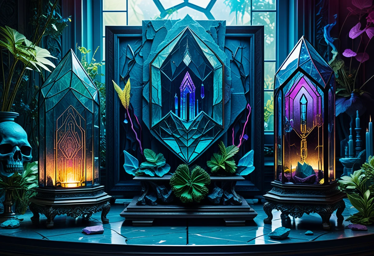 Reliques de cristal dans un concept de vitrine en line art néon ornementé