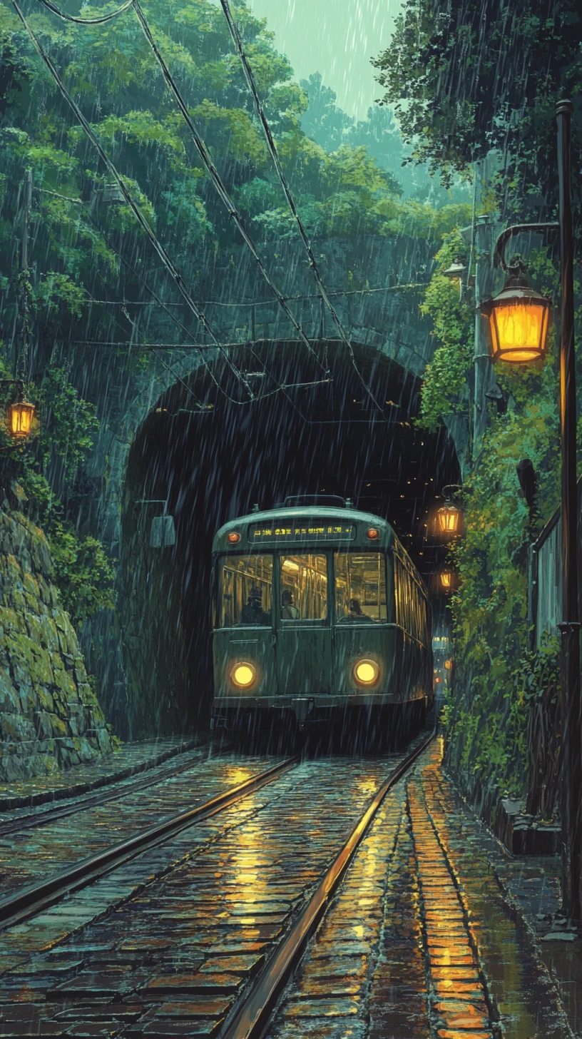 Ônibus antigo saindo de um túnel chuvoso na floresta à noite