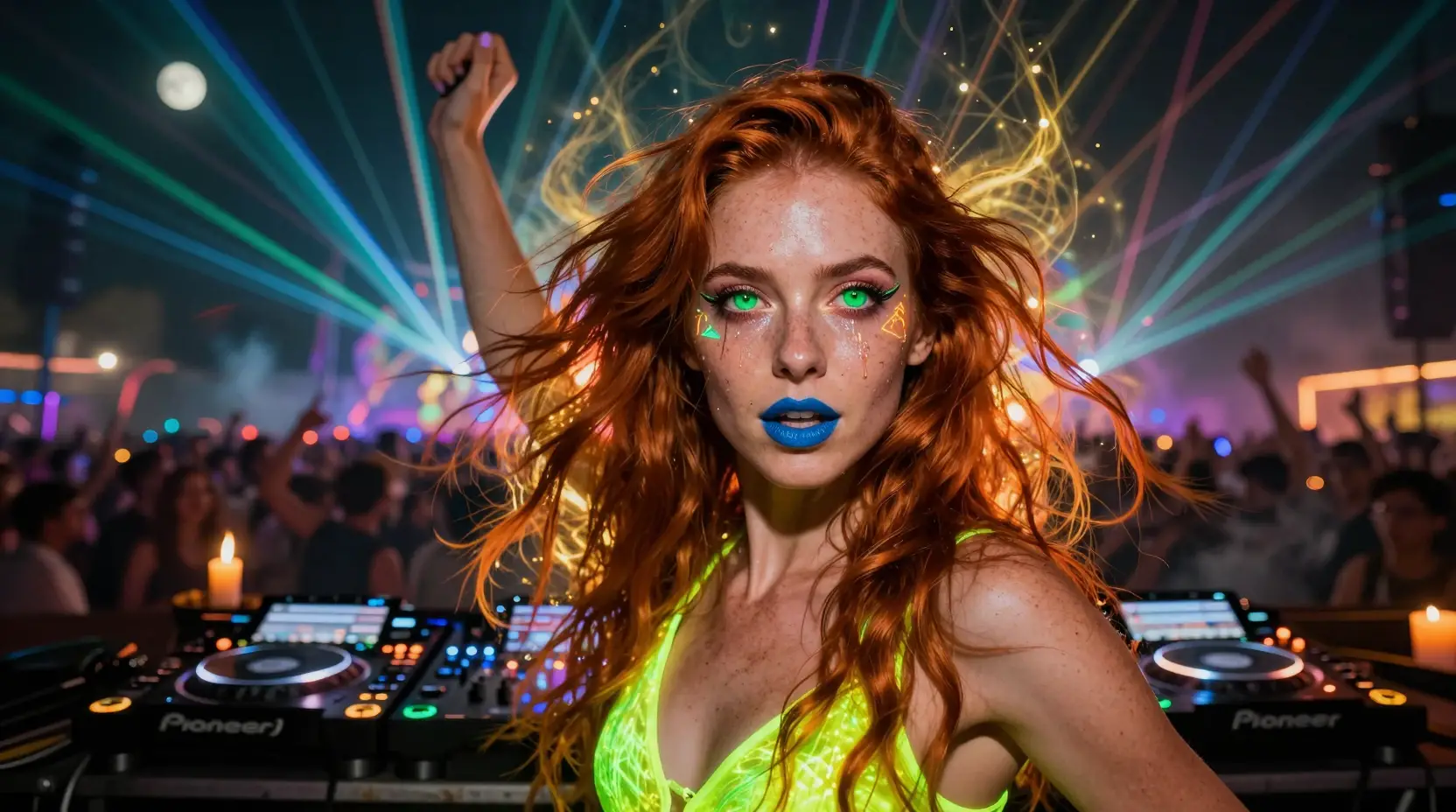 赤毛の女性がネオンのサイケデリックトランス・フェスステージで踊る