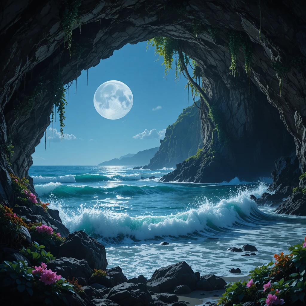 Moonlit sea cave arch opening onto the ocean