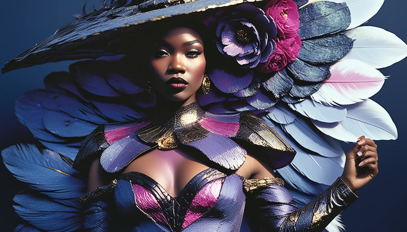 Élégante femme noire en robe sirène blanche avec chapeau à plumes
