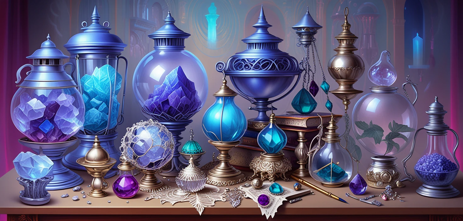 Cristaux fantasy et curiosités magiques sur la table d’un apothicaire