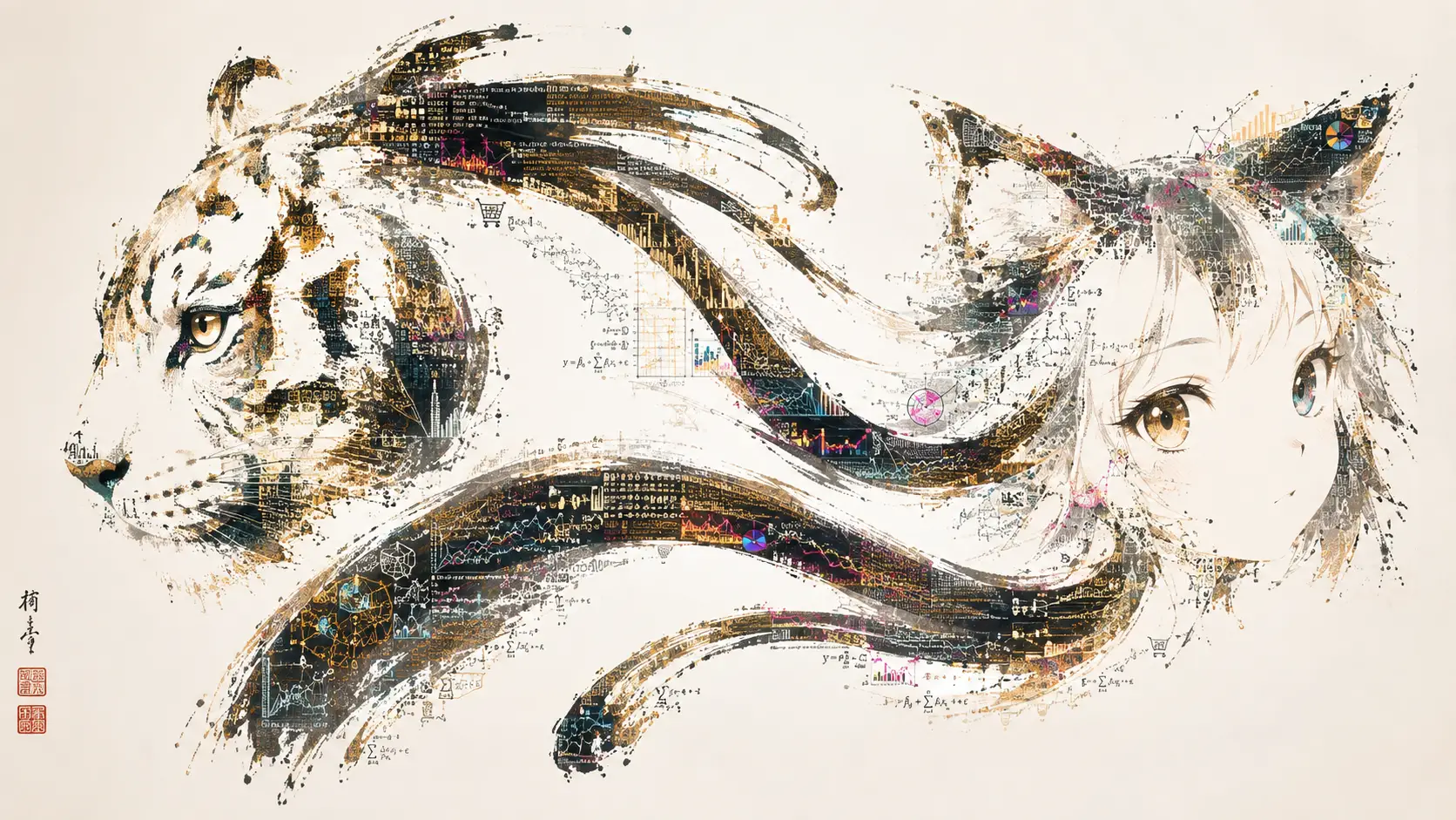 Paradoxe Sumi-Tinten-Tigerkatze mit hervortretenden Anime-Augen