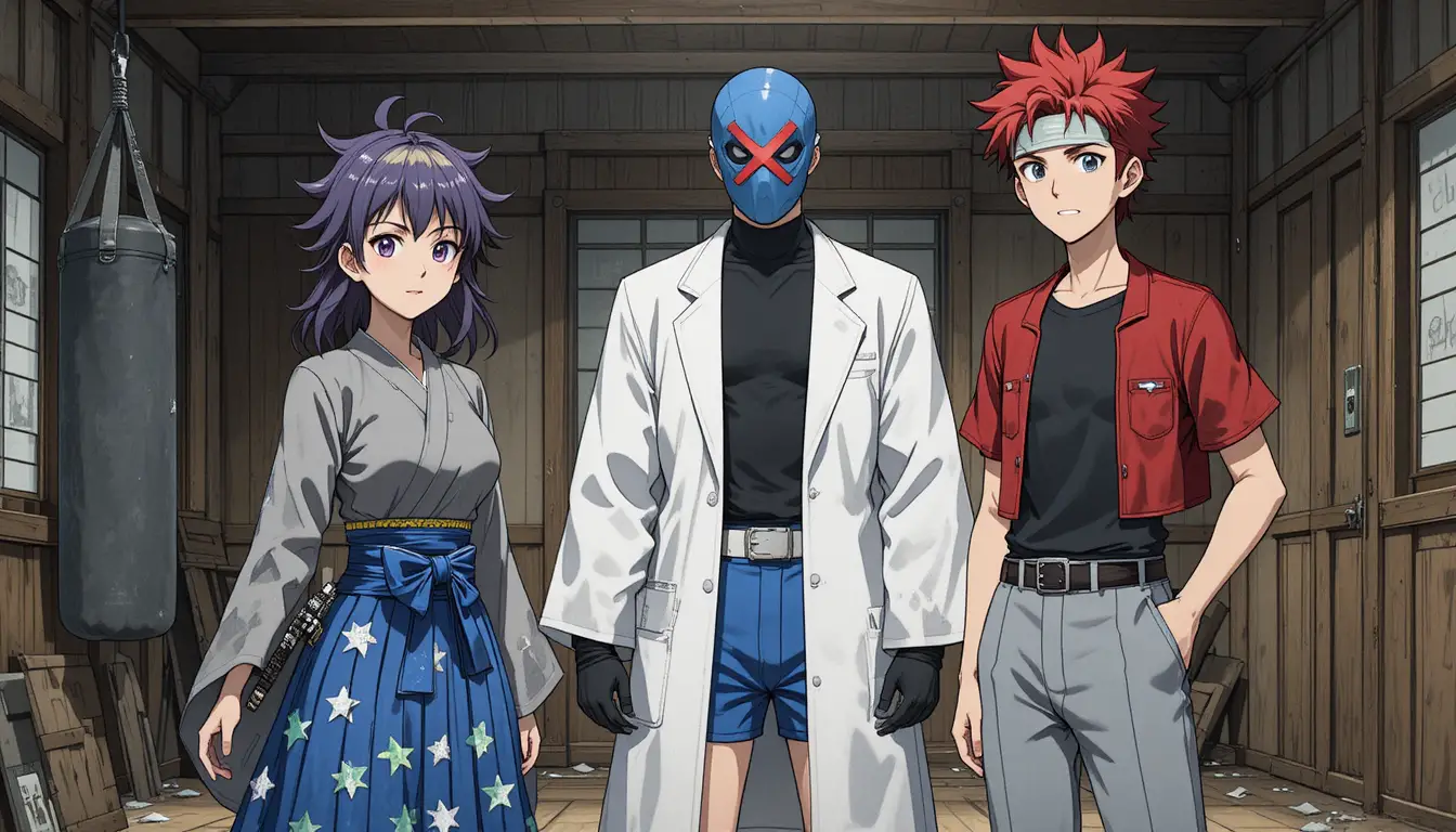 Anime-Trio im düsteren Dojo mit gespannter Erwartung