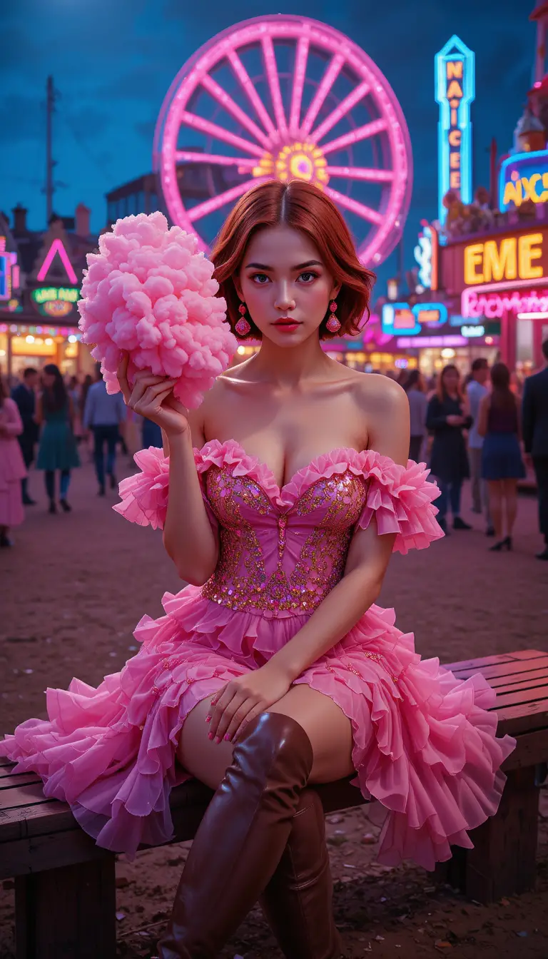 Woman in pink dress with cotton candy at neon carnival