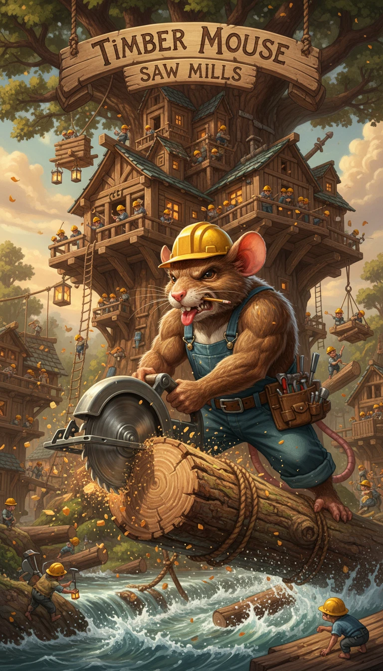 Anthropomorphic Mouse Lumberjack At A Fantasy Sawmill