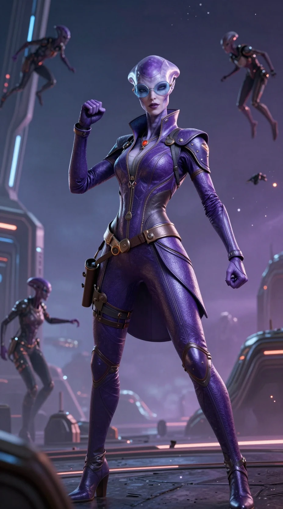 Guerreira alienígena de pele violeta com óculos futuristas