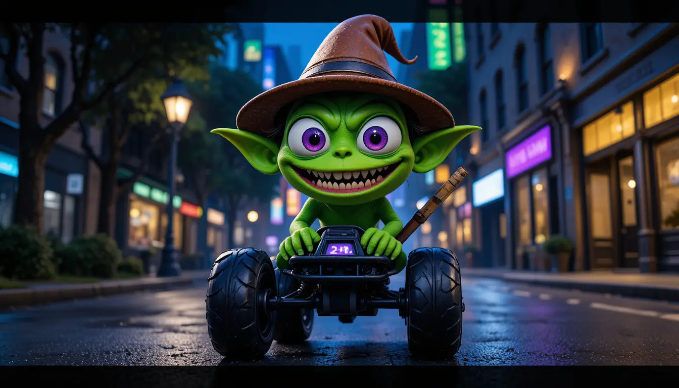 Cartoon green monster riding a small vehicle at night