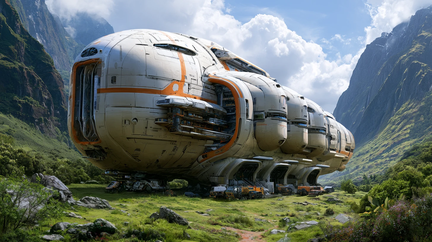 Kolossales futuristisches Frachtschiff auf üppiger Alienwelt gelandet
