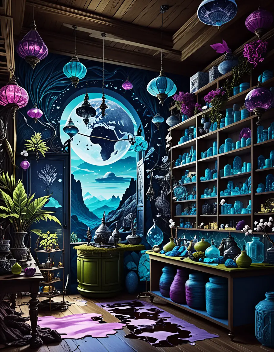Mystische Apotheke, erleuchtet von neonfarbenen Glaslaternen