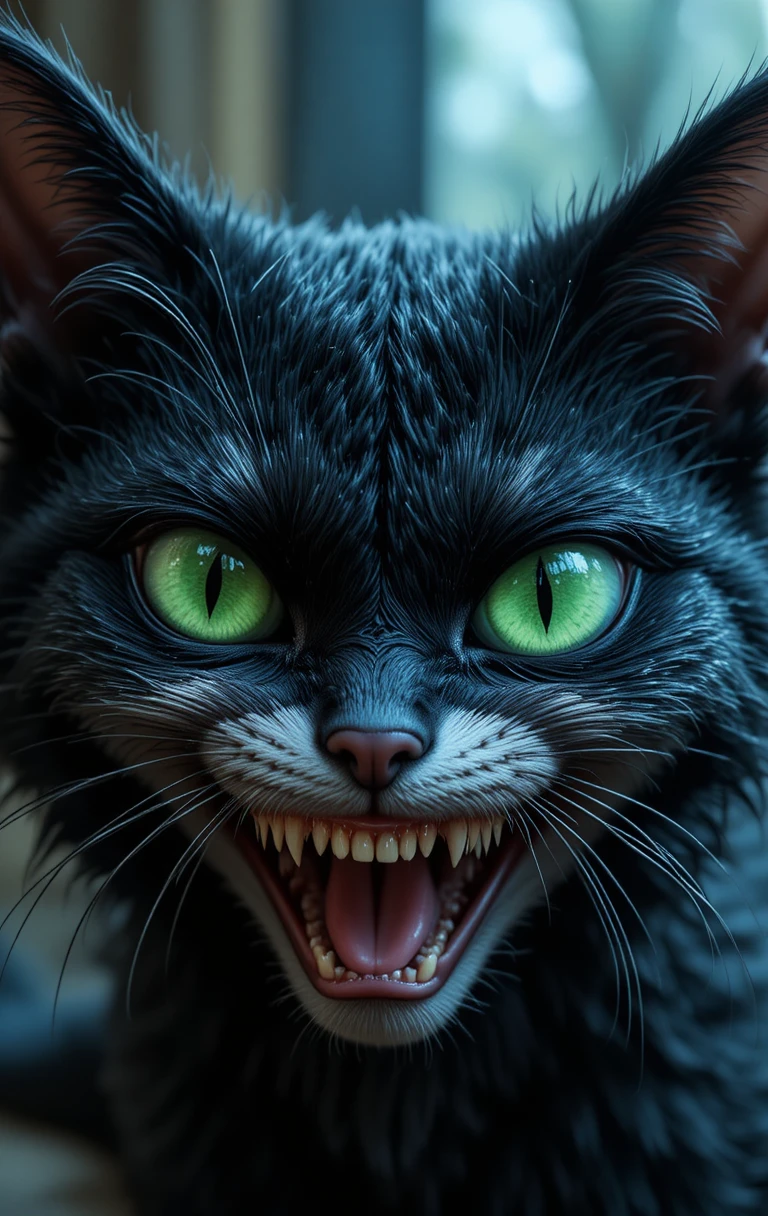 Creepy black cat with emerald googly eyes and wide grin