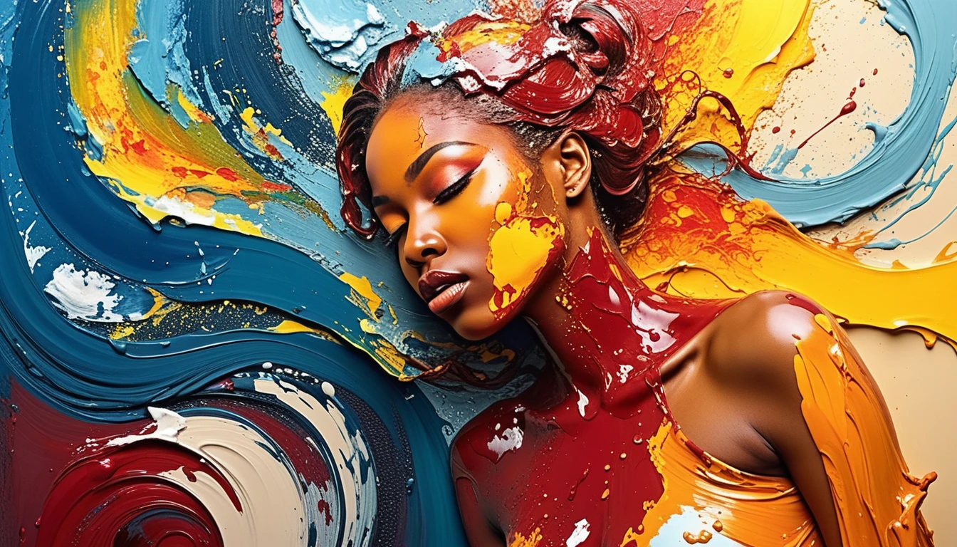 Mulher surreal emergindo de tinta derramada sobre a tela