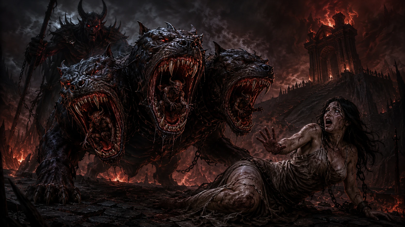 Three Headed Hound Confronts Terrified Woman At Underworld Gate