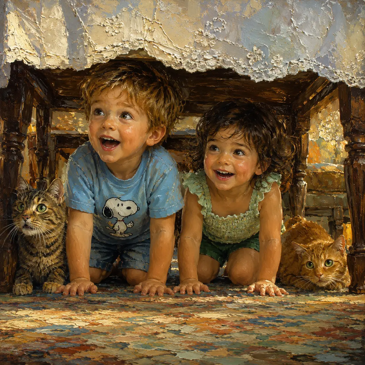 Small children playing with cats under a dining table