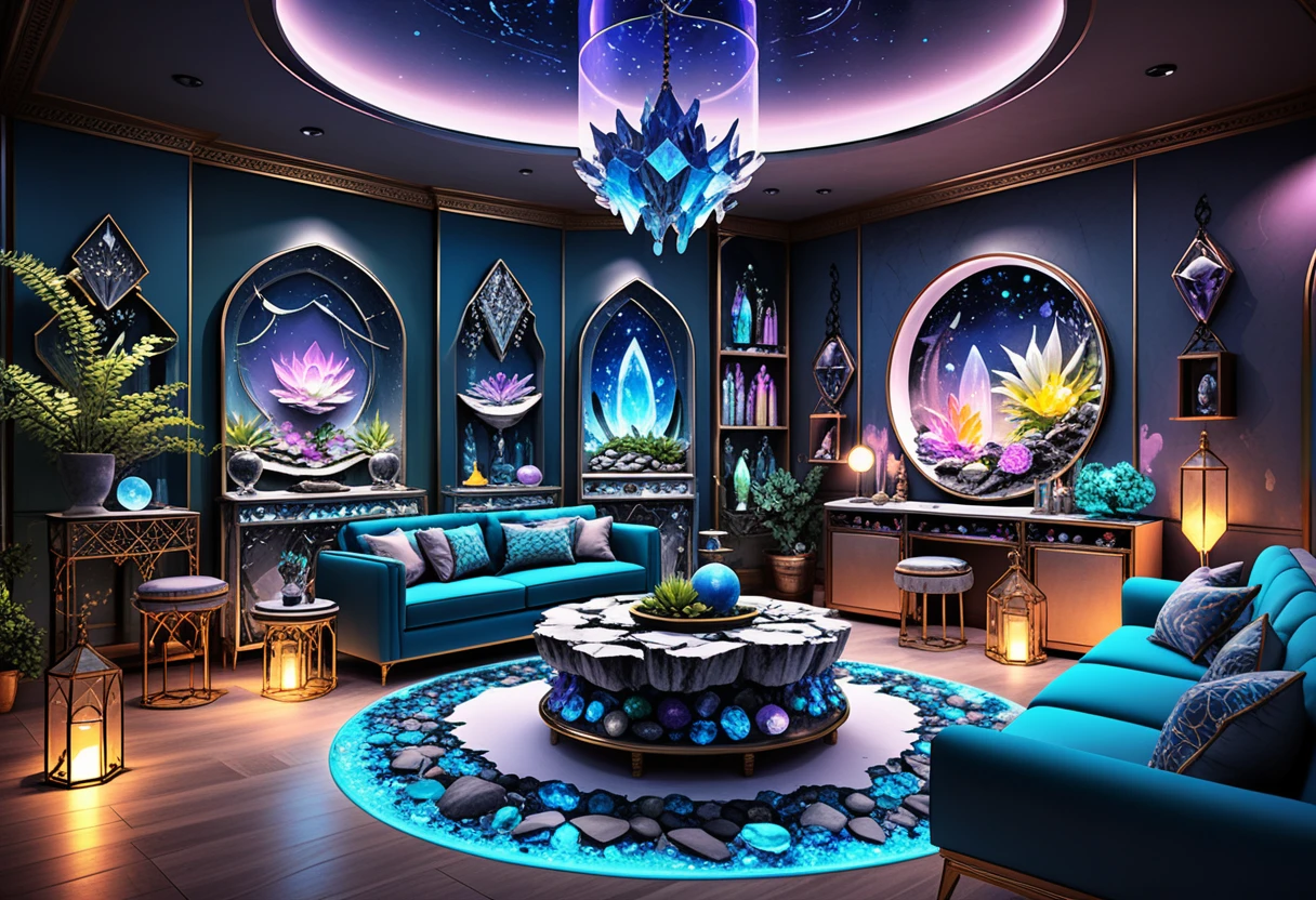 Lounge mystique avec vitrines de cristaux et décor du zodiaque au néon