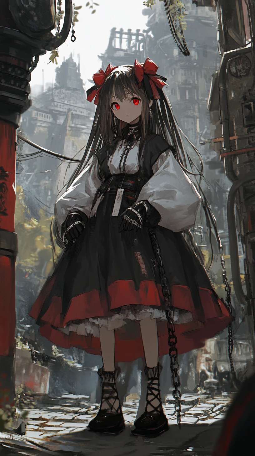 Fille d’anime avec nœud rouge, chaînes et tenue sombre