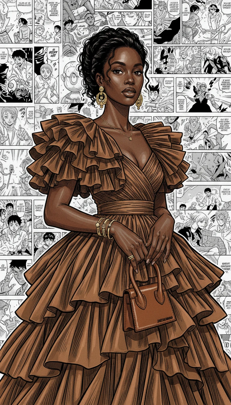 Elegant black woman in brown dress manga portrait