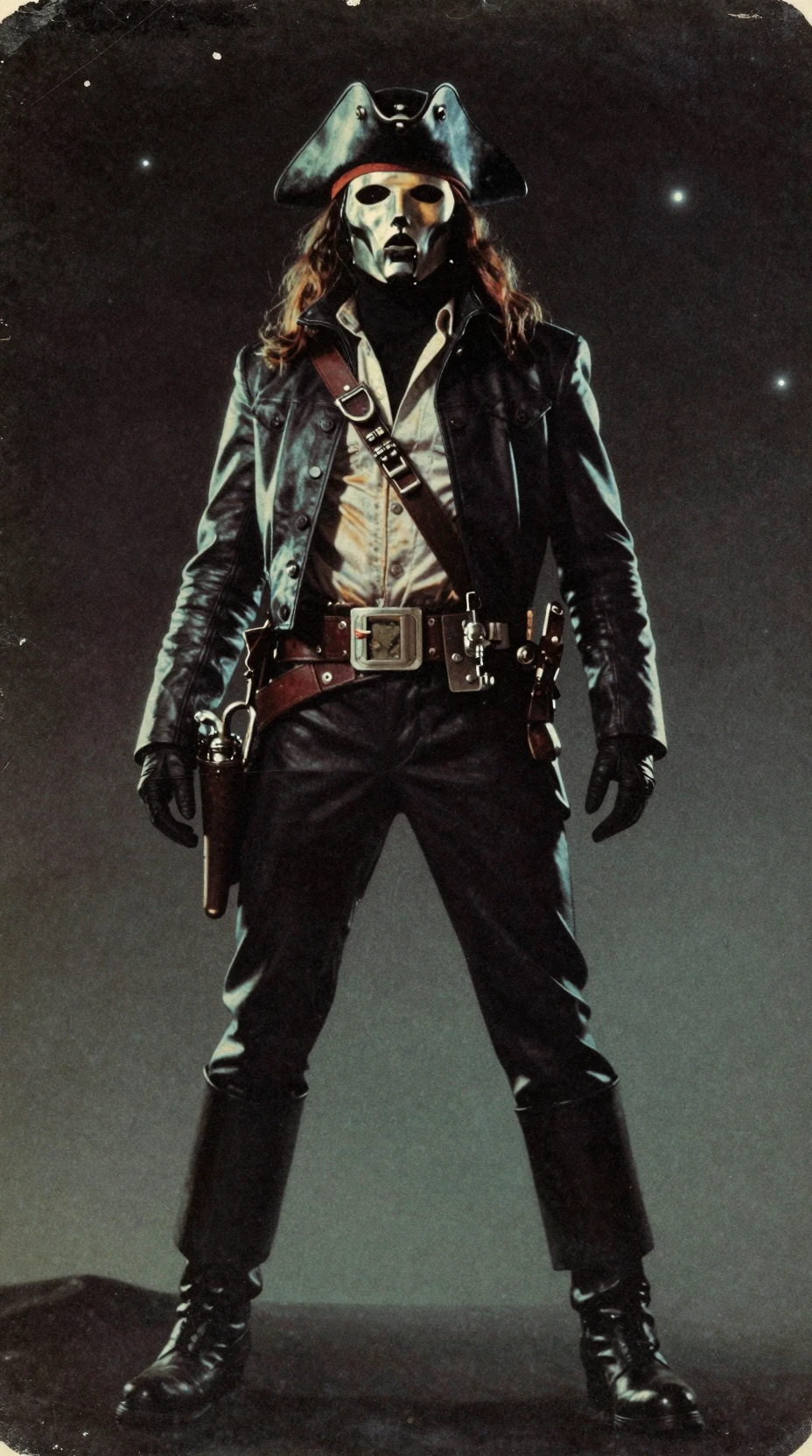 Masked space warlord in retro airbrushed silhouette