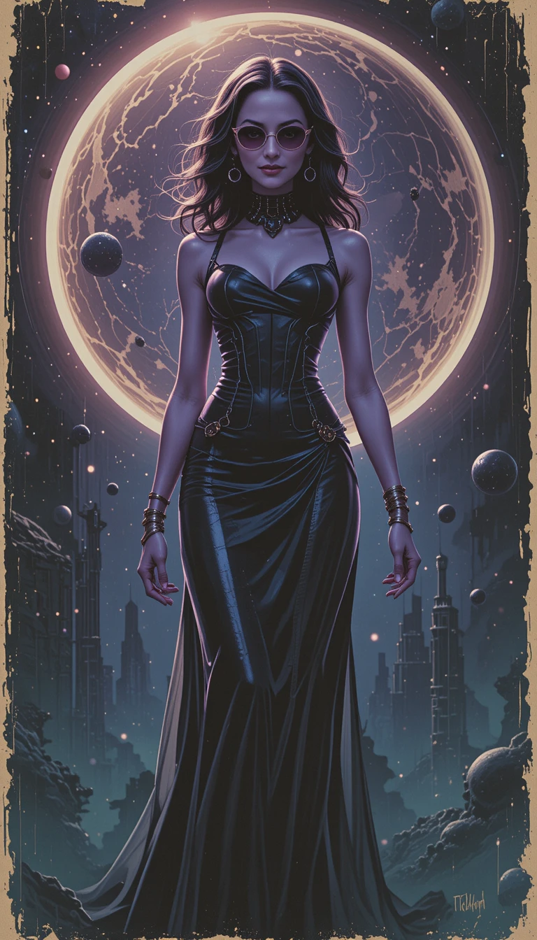 Diplomata alienígena violeta em pose de capa de livro de ficção científica retrô