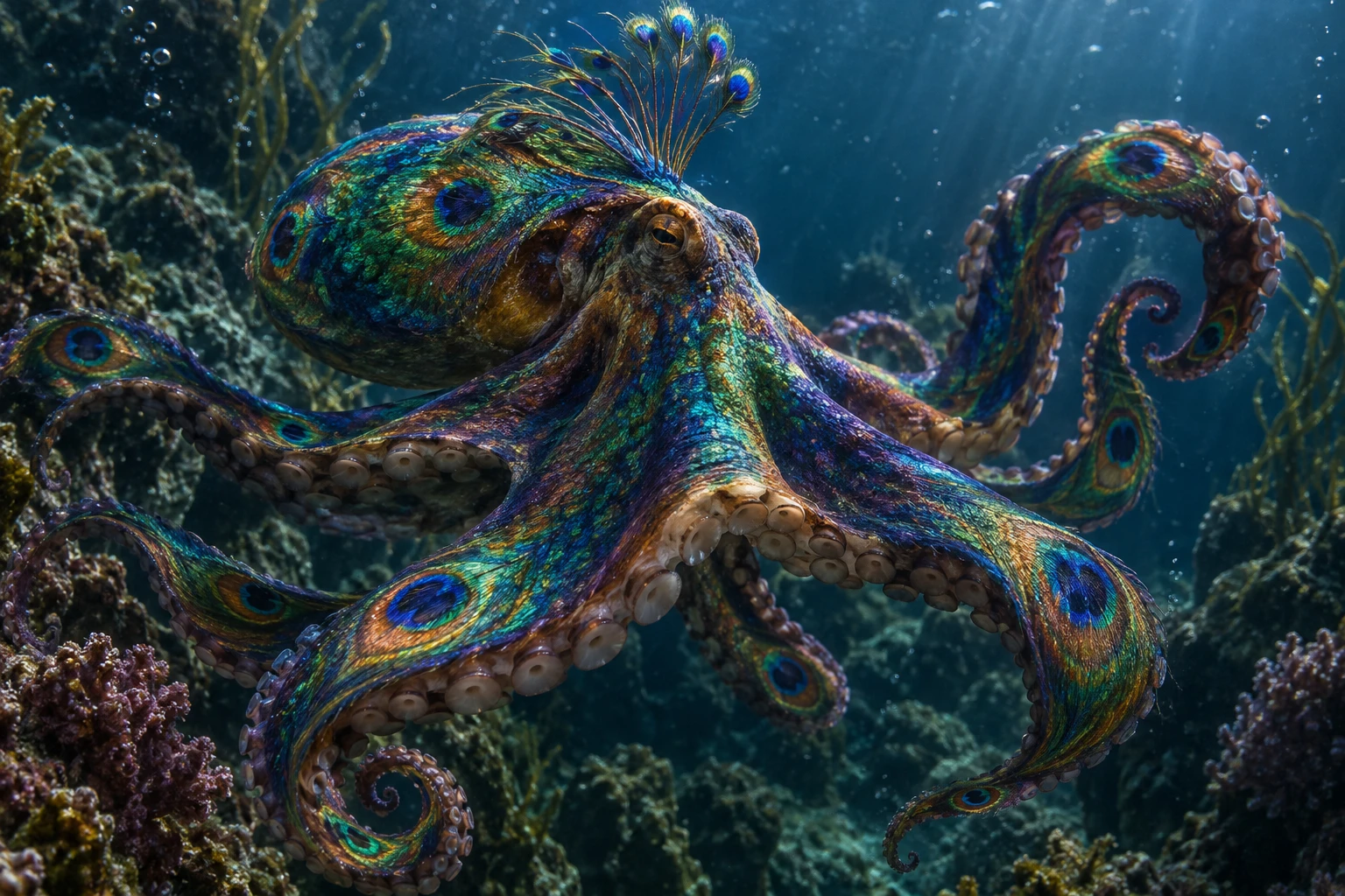 深海のフォトリアルな孔雀色のタコ