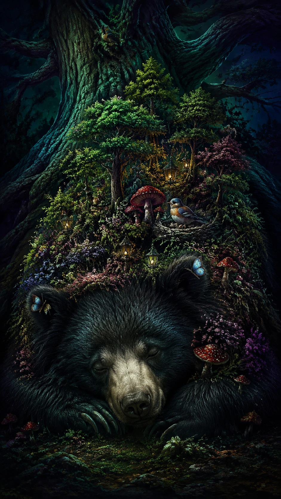 Urso-preguiça adormecido com uma minúscula floresta encantada nas costas