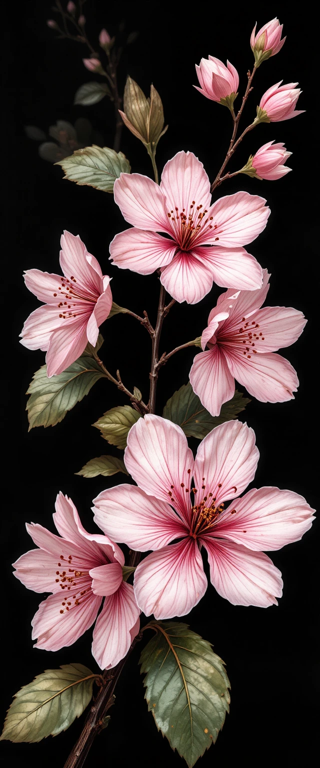 Ilustração botânica de flor de cerejeira em fundo preto